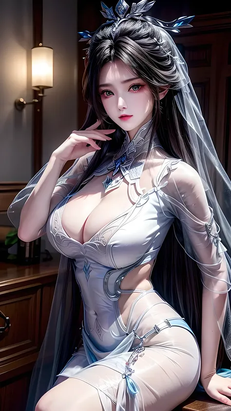 best quality, masterpiece, Big boobs, (Large Breasts), Delicate skin texture, Detailed fabric texture, Delicate face, Super Detail, 8K, Intricate details, 1 Girl, 18 years old, High contrast, High resolution eyes, black haired goddess，Royal sister，Sexy，Whi...