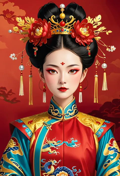 Dragon Throne：1.37.Solemn girl portrait，symmetry，Round Face，Bright Eyes，Smooth skin，Red peony headdress，Elegant and luxurious，Wealth，Gorgeous black and gold costumes，Chinese Qing Dynasty flag costumes,Selfish,Chinese Emperor，High bun，Gorgeous golden crown，...