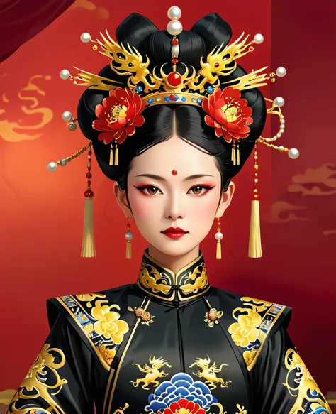 Dragon Throne：1.37.Solemn girl portrait，symmetry，Round Face，Bright Eyes，Smooth skin，Red Peony Headdress，Elegant and luxurious，wealth，Gorgeous black and gold outfit，Chinese Qing Dynasty national flag clothing,egotistical,Chinese Emperor，High bun，Gorgeous go...