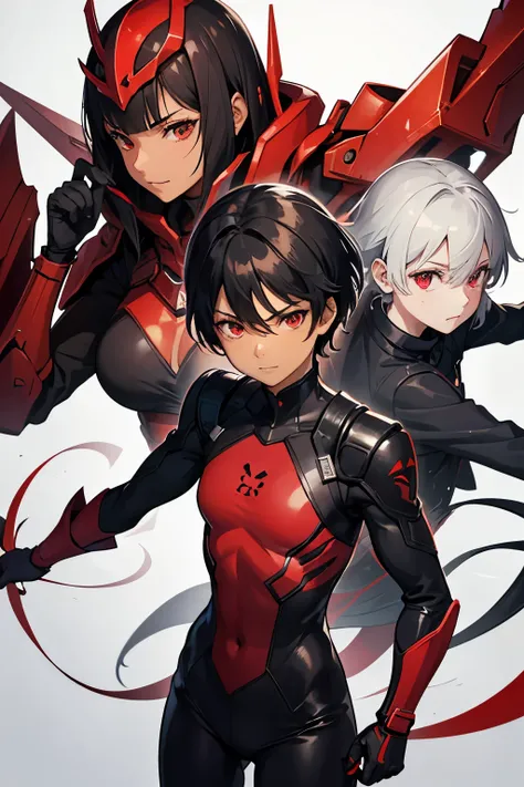 UA Student, Women, BROWN SKIN, short black hair, Red eyes, antihero, Little smile, red and black suit, pose normal