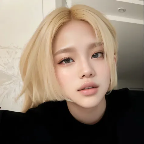 a close-up of one with blonde hair and a black shirt, Portrait of Blackpink&#39;s Jossi, kpop idol portrait, accurate girl face, ulzzang girl, kawaii girl, #1 digital painting of all time, # 1 digital painting of all time, cute girl, ulzzang blonde girl 