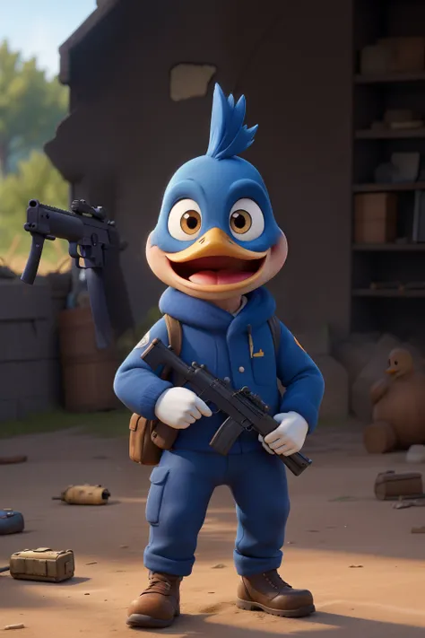 Blue duck with a rifle at war