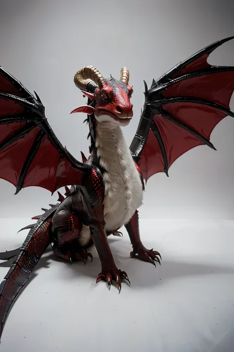 make a dragon with four legs and two wings,  with shiny black and red scales with vampire wings and fangs with the back and neck covered in extremely white sheep&#39;s wool