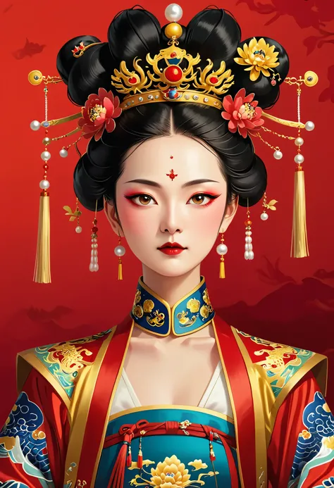Dragon Throne：1.37.Solemn girl portrait，symmetry，Round Face，Bright Eyes，Smooth skin，Red peony headdress，Elegant and luxurious，Wealth，Gorgeous black and gold costumes，Chinese Qing Dynasty flag costumes,Selfish,Chinese Emperor，High bun，Gorgeous golden crown，...
