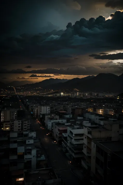 best quality,highres:1.2),dark,dystopian dramatic composition,intense atmosphere barrio de caracas haunting colors,harsh lighting,dynamic angles