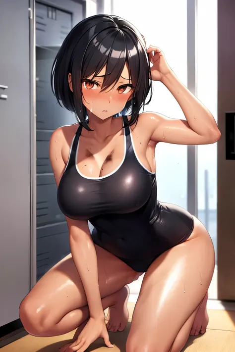 2D，highest quality，(masterpiece)，(full body)，Shameimaru text，(Shiny jet black hair:1.6)，short cut hair，(Brown Lady)，(healthy dark skin)，(Sunburn mark)，clavicle，（New School Swimwear），JK，Shiny bare legs，barefoot，beautiful brown eyes，attractive thighs，big bre...