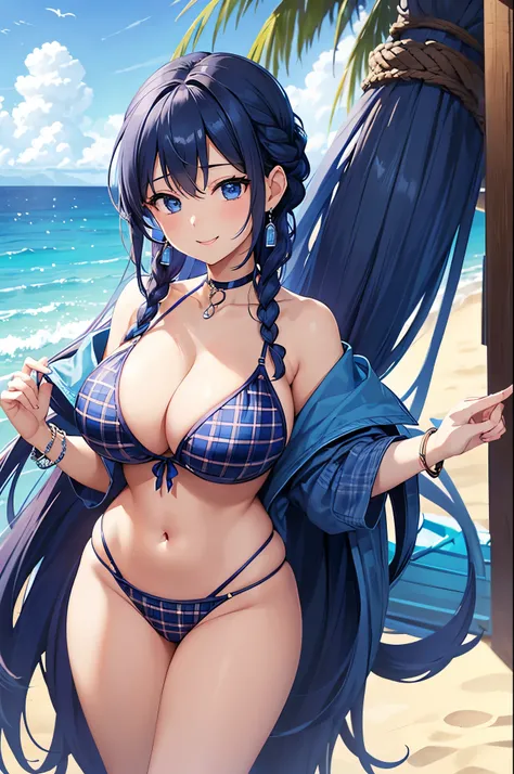 Highest quality、Highest quality、masterpiece、(8K),Beauty(Age 25)、Navy blue long hair(Braiding of the sides)、blue eyes、Sexy Bikini(Plaid)、Big cleavage、(Big Breasts)、smile、blue necklace、Blue Earrings、background(Beach)、Please open your mouth wide、bracelet、Ches...