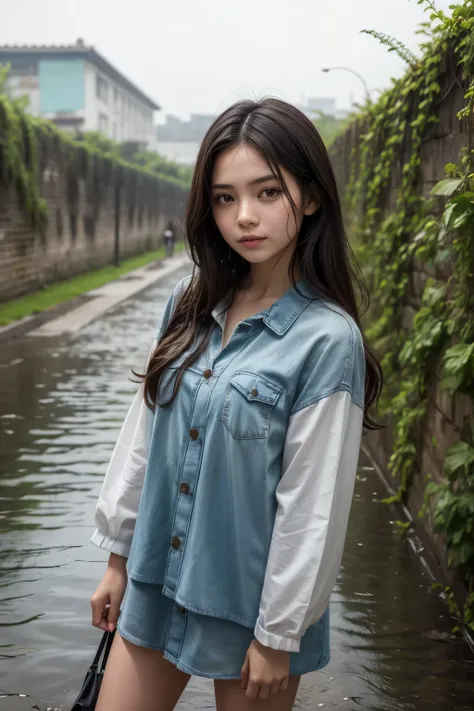 The girl must be pretty and have Mexican features, modern clothes and must be wet from a rainy day, in the background you should see the Chinese wall