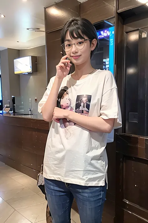 medium shot, ((white T-shirt and blue denim jeans)), japanese lady, pale skin, droopy eyes, 21 year old,(Black short bowl cut hair with blunt bangs:1.3),((standing)), high quality:1.3, shoot from below,Professional lighting:2.0 realistic:1.2,(cinematic lig...