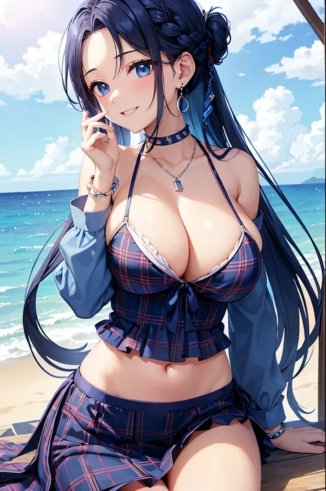 Highest quality、Highest quality、masterpiece、(8K),Beauty(Age 25)、Navy blue long hair(Braiding of the sides)、blue eyes、Sexy Bikini(Plaid)、Big cleavage、(Big Breasts)、smile、blue necklace、Blue Earrings、background(Beach)、Please open your mouth wide、bracelet、Ches...