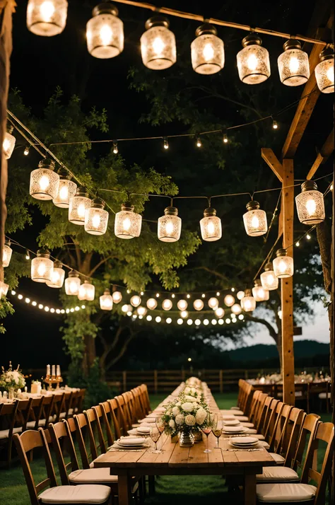 ((best quality)), ((masterpiece)), (detailed),A bohemian wedding bar with macrame hangings and lanterns, wine bottles and cups on the table