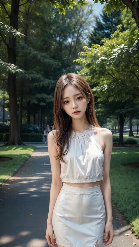 Beautiful girl standing in a park with her hands behind her back, Slender body line, Small and slender figure, Looking down, Sad look, (Detailed eyes and face, Professional photography techniques), (Highest quality, 8K, masterpiece:1.2, RAW Photos)