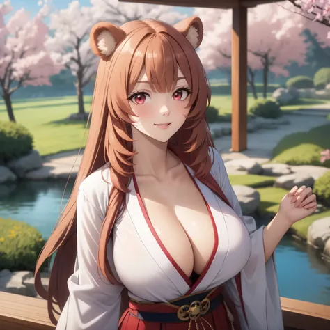 Raphtalia woman 35 years old straight orange hair , bear ears redondeadas, red eyes like ruby., flirtatious smile, pale skin, big breasts, japanese priestess clothing, White and red, pink belt, , bear ears, ,  background of a japanese garden, cherry trees....