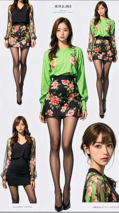 ((masterpiece)),(((Highest quality))),((Character design sheet)),Thin thighs,Long legs,whole body:1.5，(One Girl:1.3),(Black pantyhose and thick pointy heels：1.3),(Wearing a floral and plant patterned mini skirt dress:1.2),Short blonde:1.2、Model pose，Floral...