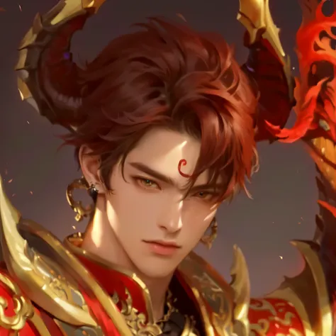 (masterpiece,best quality,ultra_detailed,highres,absurdres:1.2),  illustration,doujinshi doujin,faux traditional media,nsfw,(((1boy))),((upper body)),handsome,about 20 years old,fantasy,mature_male,black skin,red hair Golden slit pupils eyes,wind,((dragon_...