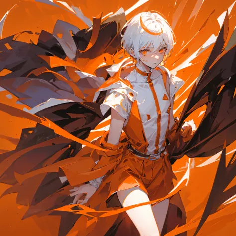 Male teenager human demon，White short hair，Dressed in orange，gorgeous，flame，((Solid orange background))