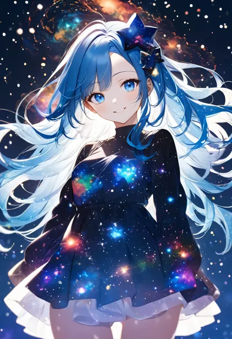 16k, (double exposure:1.05 silhouette: 1.1) (many detailed particles light) (background is Galaxy Nebula, many:1.4 Particles Colorful Light), wearing layered one piece dress, frontale forehead blue hair long hair lovely blue eyes girl, love smile.