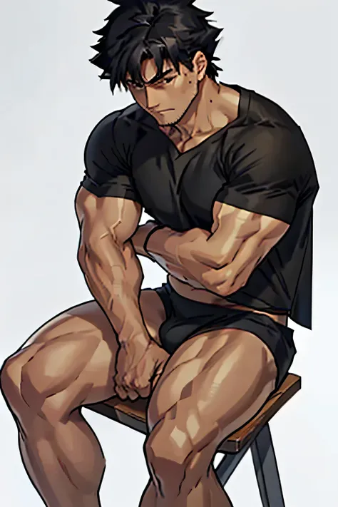 Kiritsugu is sitting and flexing his buff biceps and thighs. He wears black short boxershorts. You can see his thighs completely. He is wearing a black tshirt with short sleeves. His sleeve is rolled up completely, so you can see his entire arm and shoulde...