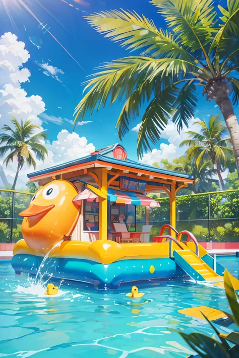 "3Dian-style Masterpiece: A Vibrant, Playful Outdoor Scene - In a sun-drenched, azure sky day, a cartoon-styled swimming pool filled with sparkling water and colorful inflatable swim rings is the center of attention. A yellow duck float bobbing merrily add...