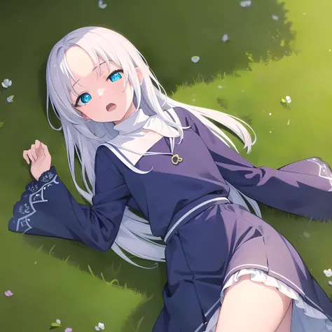 mariatakayama, maria takayama, long hair, blue eyes, fang, aqua eyes,
BREAK jewelry, heart, necklace, nun, habit, white short skirt
BREAK outdoors, lying on the ground, sleeping, closed eyes, open mouth
BREAK sleeping in front of viewer (cowboy shot:1.5),
...