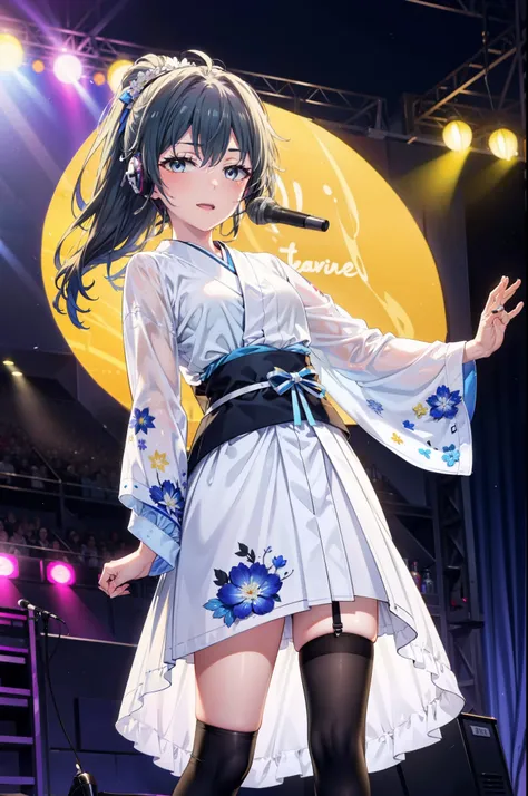 Yukino, yukino yukinoshita, Black Hair, blue eyes, Long Hair, Ahoge,happy smile, smile, Open your mouth,アイドル歌手がライブstageで熱狂的に歌うシーンのイラスト. アイドル歌手がstage中央に立っている. Idol singers wear idol-style kimonos and ,Im wearing boots. The idol singer has her hair up and is...
