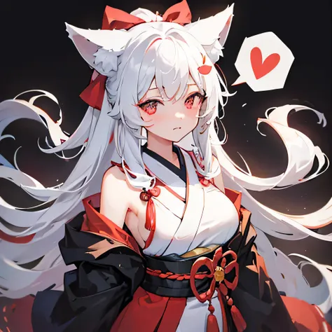 masterpiece, high quality, muffled in a large speech bubble, one girl, wolf ears, red eyes, cute smitten face, long white hair p...