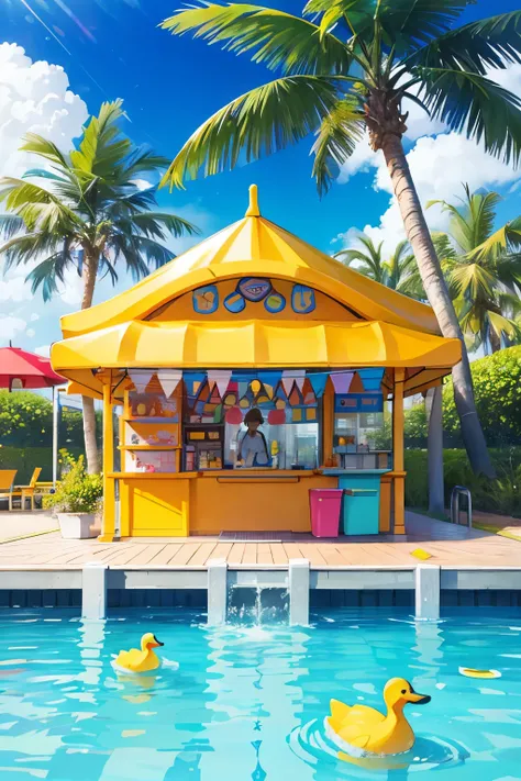 "3Dian-style Masterpiece: A Vibrant, Playful Outdoor Scene - In a sun-drenched, azure sky day, a cartoon-styled swimming pool filled with sparkling water and colorful inflatable swim rings is the center of attention. A yellow duck float bobbing merrily add...
