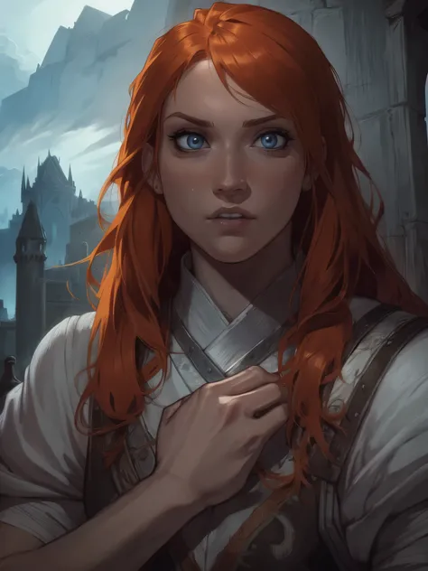((Becky Lynch)) as medieval RPG NPC, dramatic pose, intense expression, glowing eyes, fangs, ruined castle background,| (8k, RAW photo, best quality, masterpiece:1.2), ultra-detailed, (high detailed skin:1.2), 8k uhd, dslr, soft lighting, high quality, ((u...