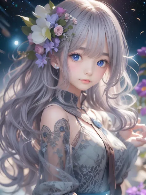 8age、high resolution、quality、Real masterpieces, Highest quality, Highly detailed shape,1 Girl,alone, Image body, flower, Looking at the audience、 Purple eyes, Jewel-like eyes, Very beautiful eyes, Highly detailed face、universe (null), constellation, Purple...