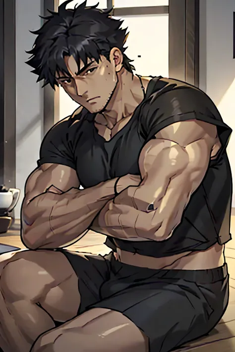 Kiritsugu is sitting and flexing his buff biceps and thighs. He wears black short boxershorts. You can see his thighs completely. He is wearing a black tshirt with short sleeves. His sleeve is rolled up completely, so you can see his entire arm and shoulde...