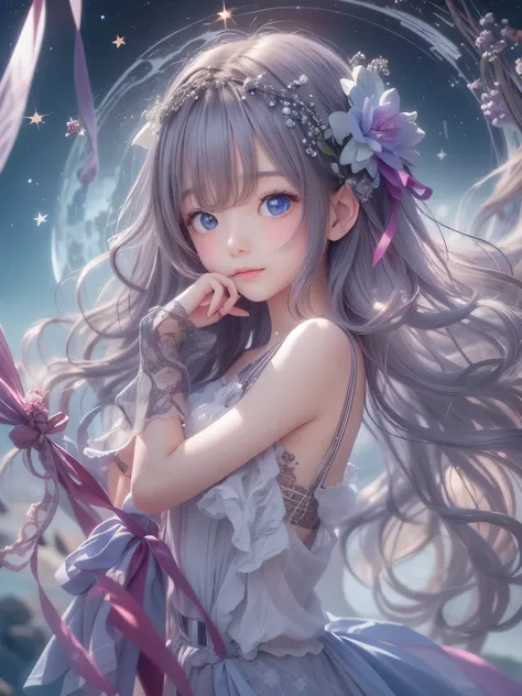 water、8age、high resolution、quality、Real masterpieces, Highest quality, Highly detailed shape,1 Girl,alone, Image body, flower, Looking at the audience、 Purple eyes, Jewel-like eyes, Very beautiful eyes, Highly detailed face、universe (null), constellation, ...
