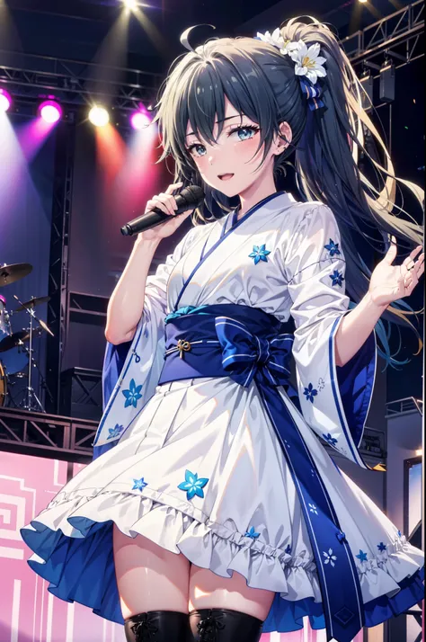 yukino, yukino yukinoshita, black hair, blue eyes, long hair, ahoge,happy smile, smile, open your mouth,アイドル歌手がライブstageで熱狂的に歌うシー...