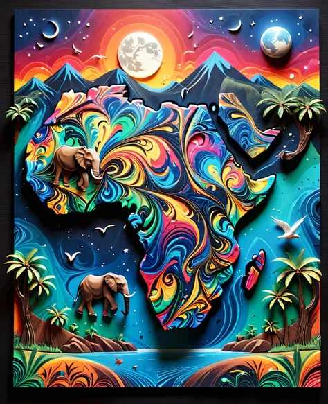 Paper cut art (((masterpiece))),best quality, illustration, African map, within African map we see a night sky, cloud, banana plantation, rivers, mountains, lions, elephants, cows, no humans, night, birds, moon, building, night sky, scenery, starry sky, gr...
