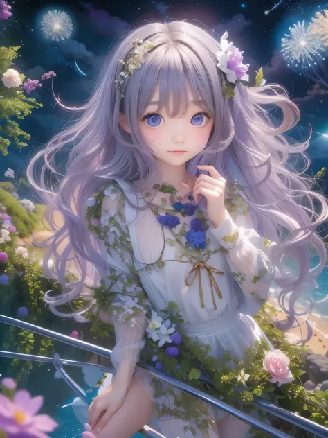 water、8age、high resolution、quality、Real masterpieces, Highest quality, Highly detailed shape,1 Girl,alone, Image body, flower, Looking at the audience、 Purple eyes, Jewel-like eyes, Very beautiful eyes, Highly detailed face、universe (null), constellation, ...