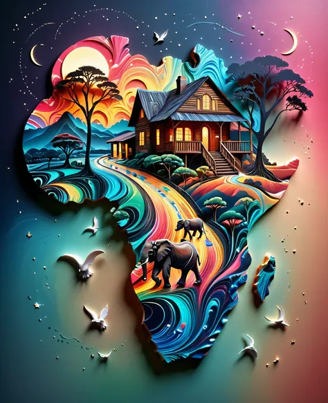 paper cut art (((masterpiece))),best quality, illustration, african map, within african map we see a night sky, cloud, banana pl...