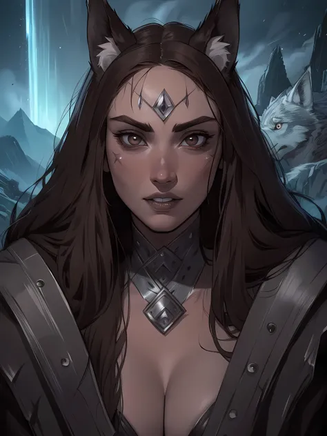 1 wolf woman, long grey hair, wolf ears, ((dark brown eyes)), thin lips, round face, ((cheek scar)), ((covered breasts)), wide hips, wearing barbarian fur clothing, fierce look, sharp claws ready to attack, dramatic pose, intense expression, glowing eyes, ...