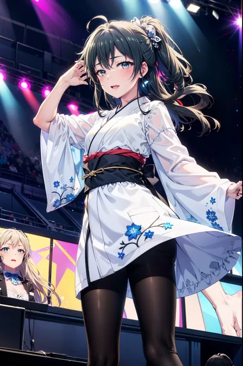 yukino, yukino yukinoshita, black hair, blue eyes, long hair, ahoge,happy smile, smile, open your mouth,アイドル歌手がライブstageで熱狂的に歌うシー...