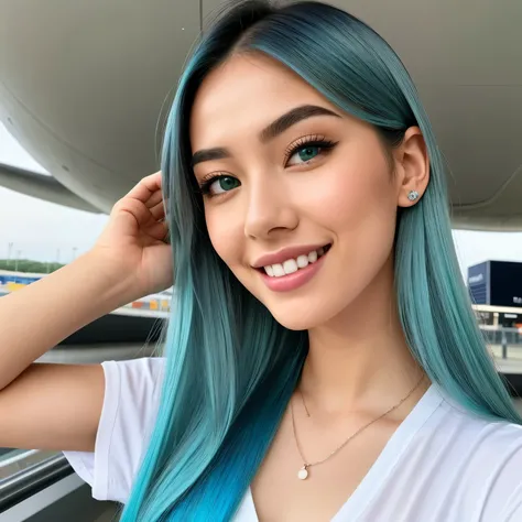 photo of (emikin:0.99), woman as a sexy TikTok influencer, cobalt hair, blue hair , teal hair , long hair, woman with Asian features, 24-year-old (green-eyed woman), green eyes,  She has a small elegant nose with a slight upward curve at the tip. Her lips ...