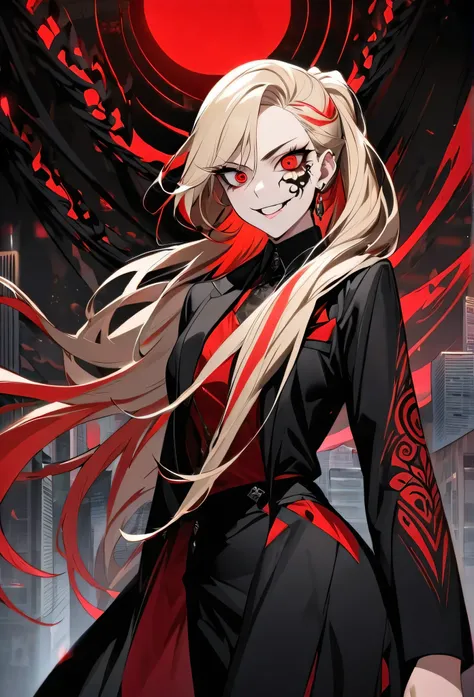 A striking female portrait featuring a woman with long, light blonde hair streaked with lots vibrant red highlights, creating a unique two-tone effect, long hair  ponytail. Her large, piercing red and bloodshot eyes gaze intensely, adding an unsettling yet...