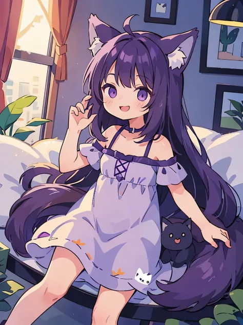 Cute, young, flat chest, 10 years old, sundress, wolf ears, fluffy tail, dark purple hair, dark purple tail, smiling, wearing vr headset