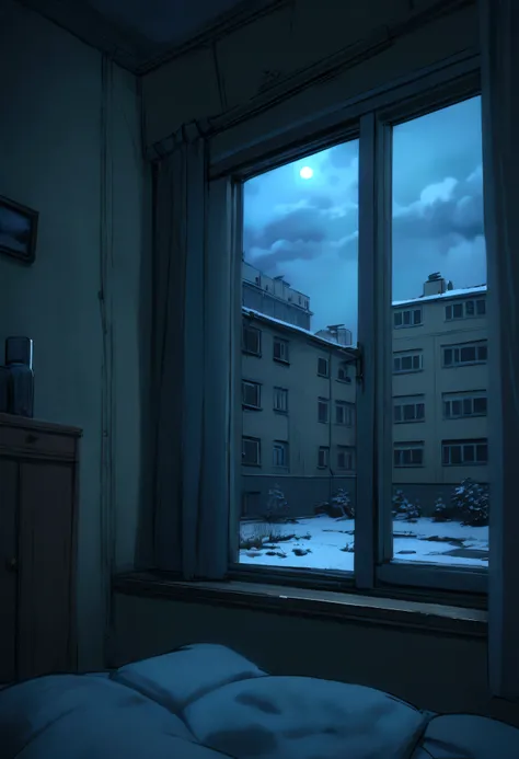 Window from inside. An old Soviet apartments in a night tense winter 