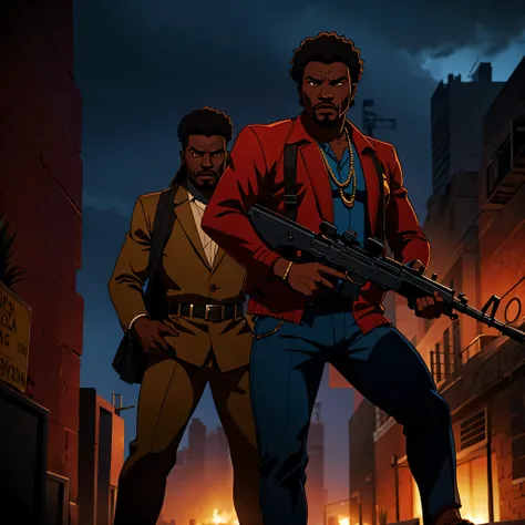 1970s, african-american gangsters holding a tommy gun, cinematic action, atmospheric perspective, depth of field, textured skin, super detail,