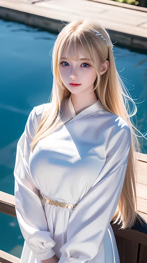 Very white and radiant beautiful skin, A beautiful girl, Unparalleled beauty, Bright, refreshing and gentle expression, Perfect beautiful pretty face、Shiny baby blonde silk super long straight hair, Beautiful shiny bangs, A very beautiful 15-year-old girl,...