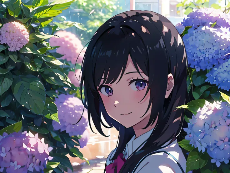 Detailed face, sunlight, ４K, Detailed Background, after the rain, smile, Beautiful image quality, Xin Haicheng, Hydrangea and a girl, high school girl, Anime Art,