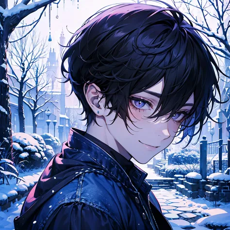 A handsome young man. The moment just before he picks up a kisses it. A quiet garden covered with snow. The garden has a small pine tree and a stone lantern covered with snow, softly illuminated by the early morning light. His features are smooth black hai...