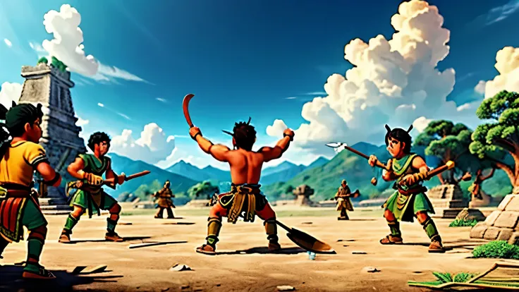 manga, toons, anime: battle between the AZTEC ARMY AND THE MAYAN ARMY, FIERCE BATTLE, HD, rain of atlatl crystal spears, bow and arrow, slings and blowguns, and for hand-to-hand combat they used spears, mallets and, probably , knives, lots of action and co...