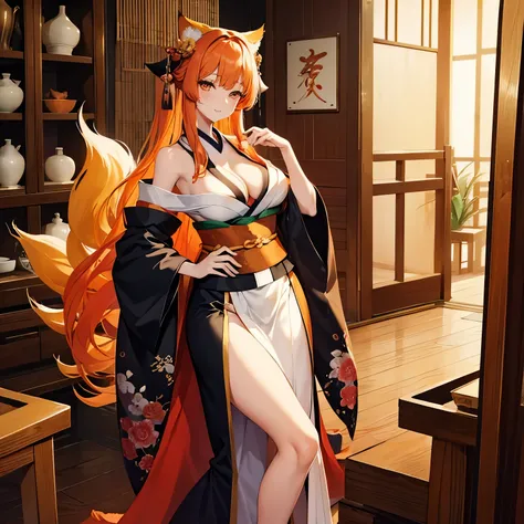 1 kitsune woman. Tall. Busty. wearing a revealing kimono. 9 big tails. Long Orange hair. Cute and soft Smile. inside an antique shop.