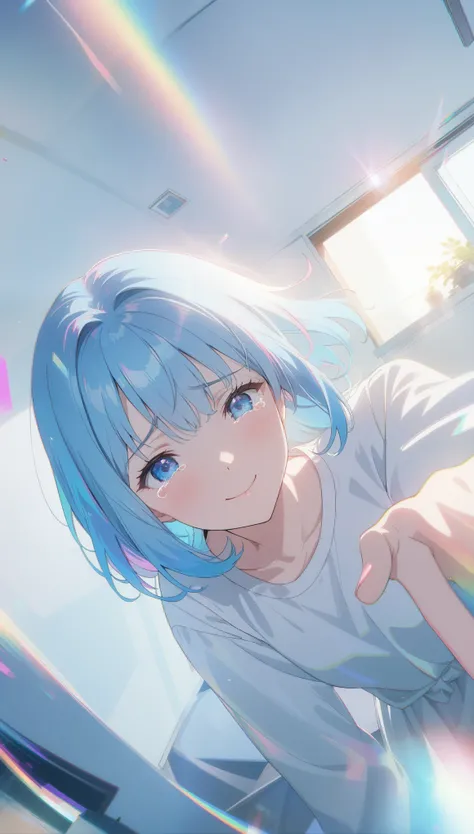 Best quality,masterpiece,1gril,hand,tears,pink and blue hair,smile,medium hair,room,film grain,glitch,lens_flare,colorful,chromatic aberration,super wide angle,dynamic pov,closed mouth,Intense emotional expression: death,amazing quality,absurdres,anime,ver...