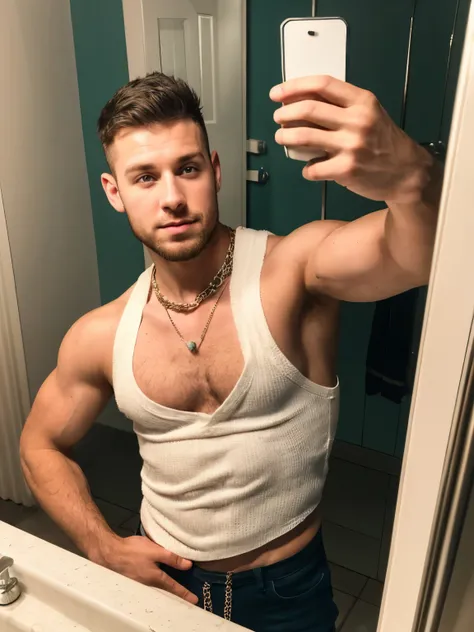 arafed man taking a selfie in a bathroom mirror, shirtless, wearing a low cut tanktop, fit pic, wearing a tanktop, no shirt under the vest, dylan cole, sexy masculine, 2 2 years old, 2 7 years old, wearing tank top, wearing a bandana and chain, christian c...