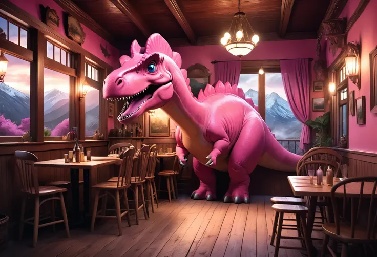 A Western restaurant in the mountains owned by a giant pink dinosaur,Pink dinosaur goes on a rampage, Intricate details, Stunning paintings, Very detailed, Realistic, 8K, Highest quality, Dramatic lighting, Gloomy atmosphere, Warm tones, Cozy interior, Woo...